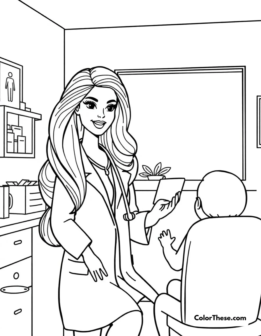 Free printable doctor barbie coloring page for kids and adults. Barbie as a caring doctor helping patients in her medical office.