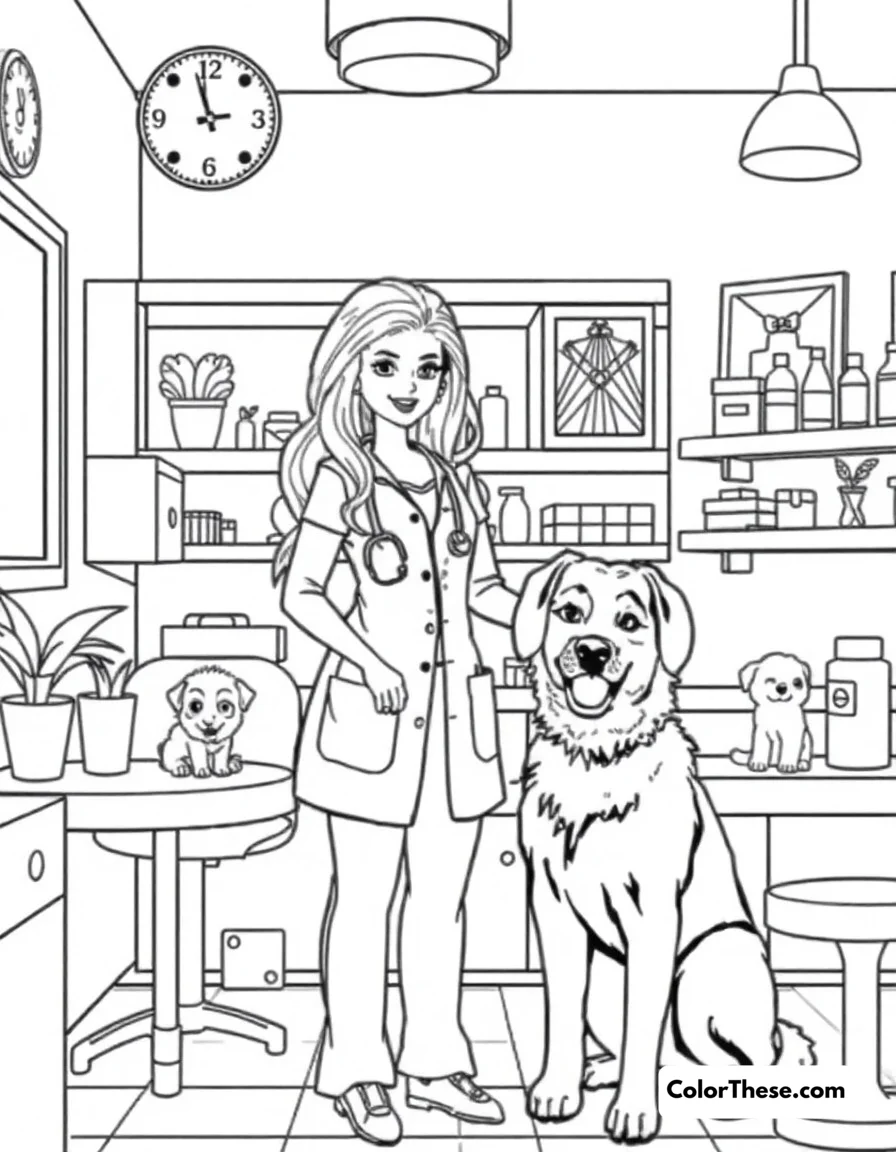 Free printable barbie's pet salon coloring page. Barbie as a veterinarian taking care of adorable pets in her modern pet salon.