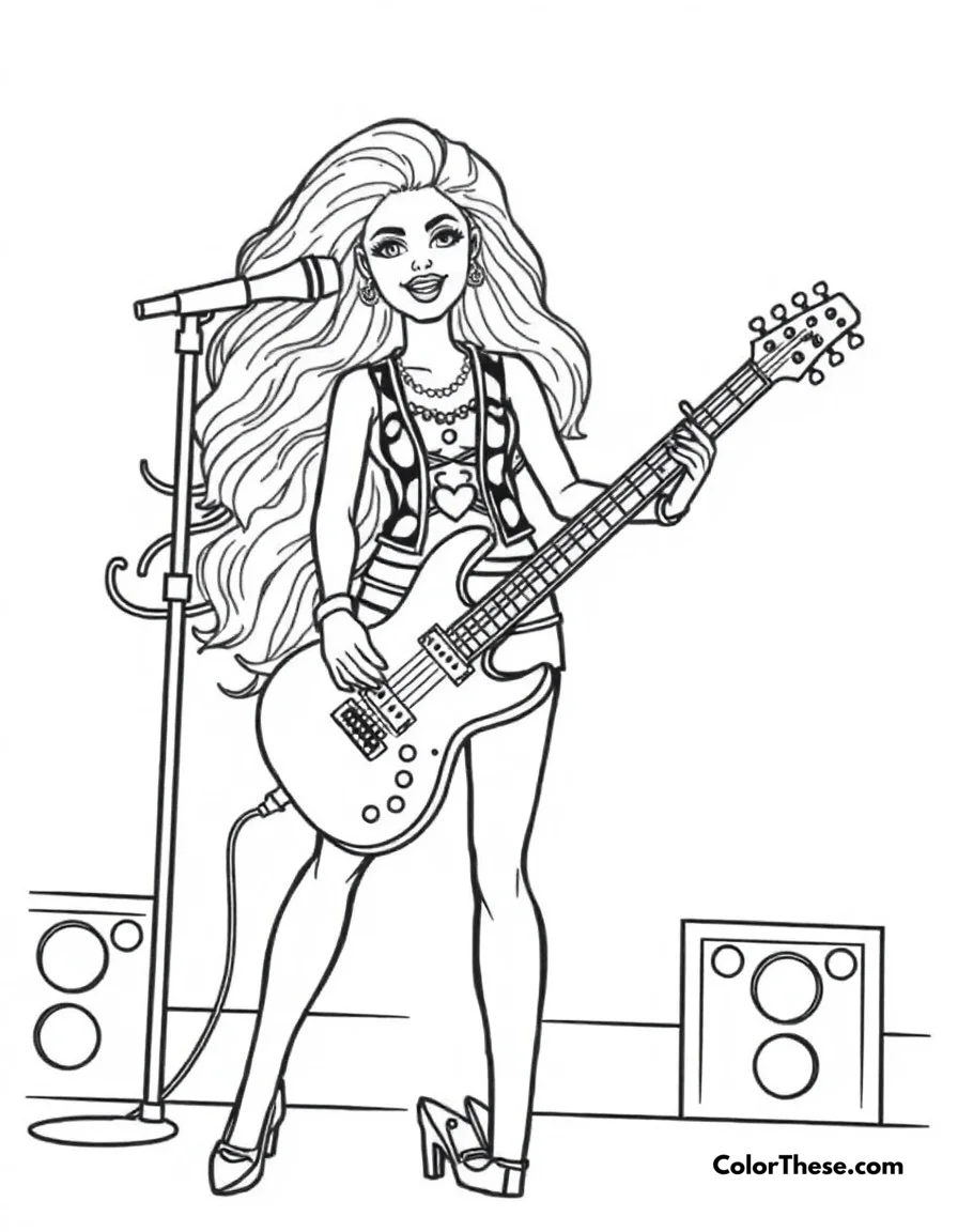 Free printable rock star barbie coloring page for kids and adults. Barbie performing on stage as a rock star with her electric guitar.