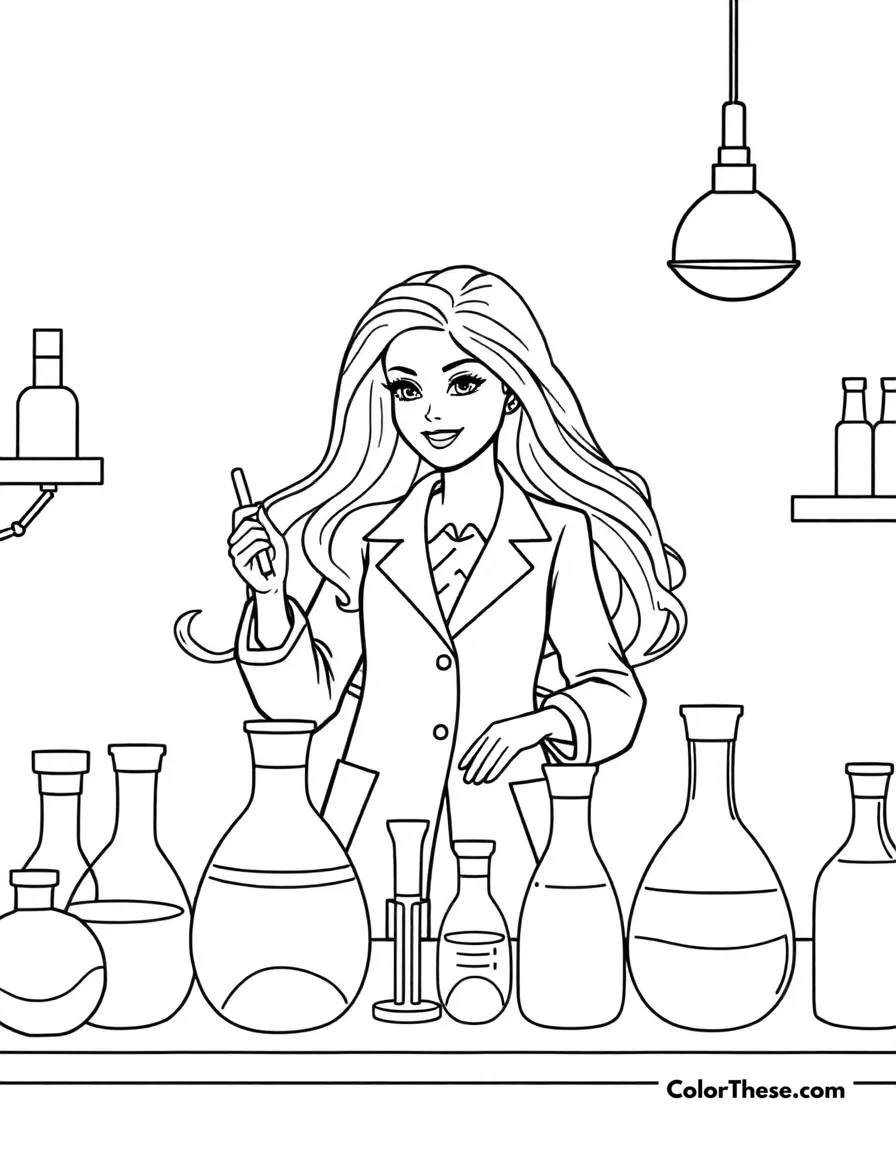 Free printable scientist barbie coloring page. Barbie conducting experiments in her laboratory as a brilliant scientist.
