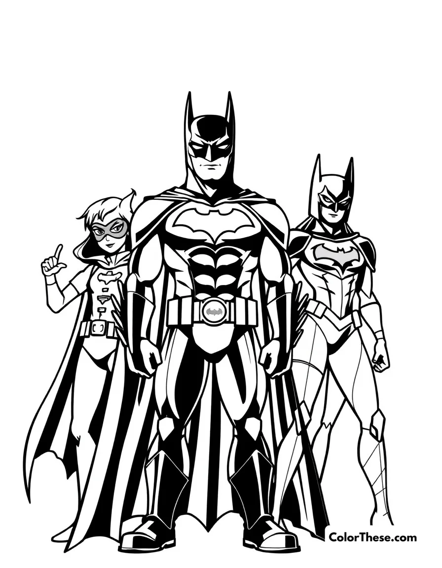Free printable bat-family united coloring page for kids and adults. Batman with his allies &#8211; Robin, Batgirl, and Nightwing &#8211; ready to protect Gotham.