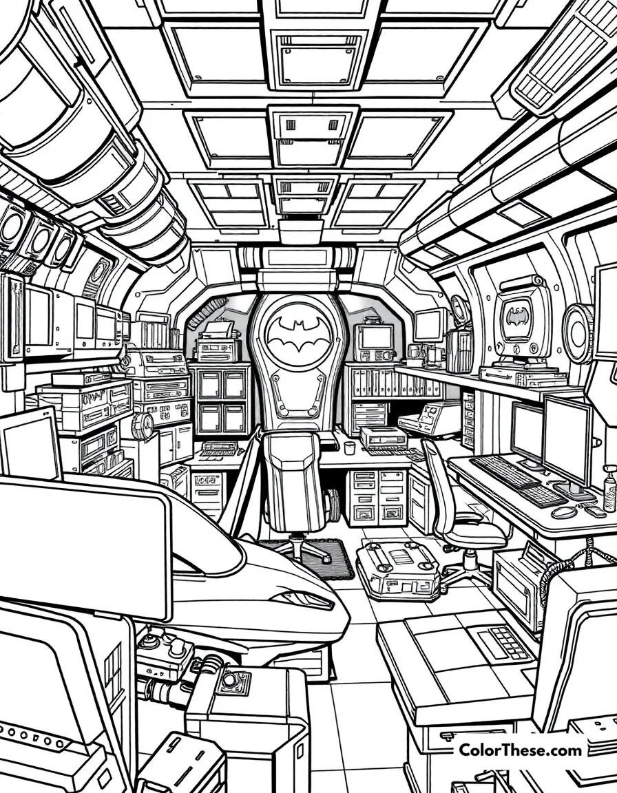 Free printable batcave headquarters coloring page for kids and adults. The high-tech Batcave filled with Batman's vehicles, computers, and crime-fighting equipment.