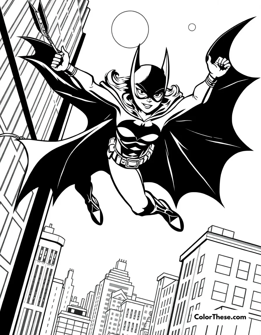 Free printable batgirl's patrol coloring page for kids and adults. Batgirl swinging through Gotham on her patrol route.