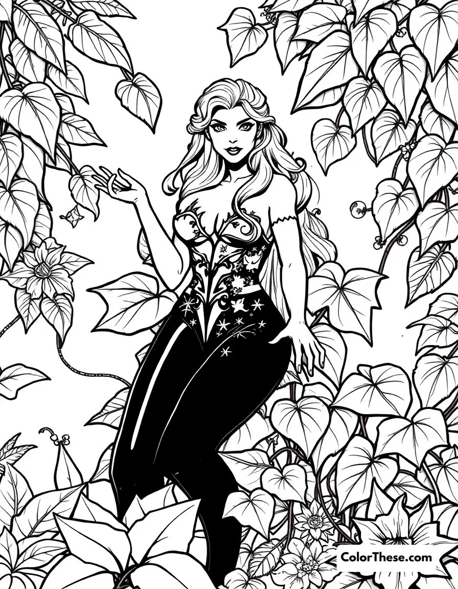 Free printable poison ivy's garden coloring page for kids and adults. Poison Ivy surrounded by her exotic and dangerous plants.