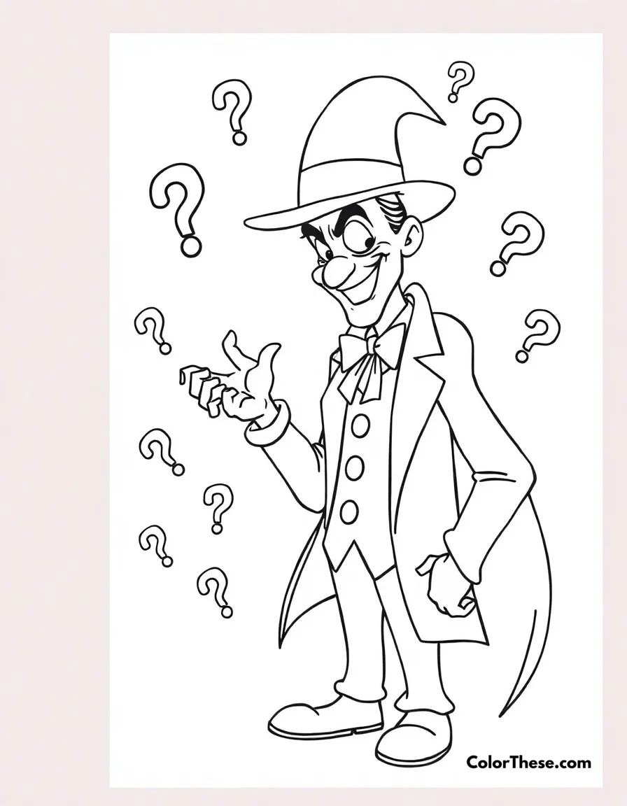 Free printable riddler's puzzle coloring page for kids and adults. The Riddler presenting one of his challenging riddles with question marks everywhere.