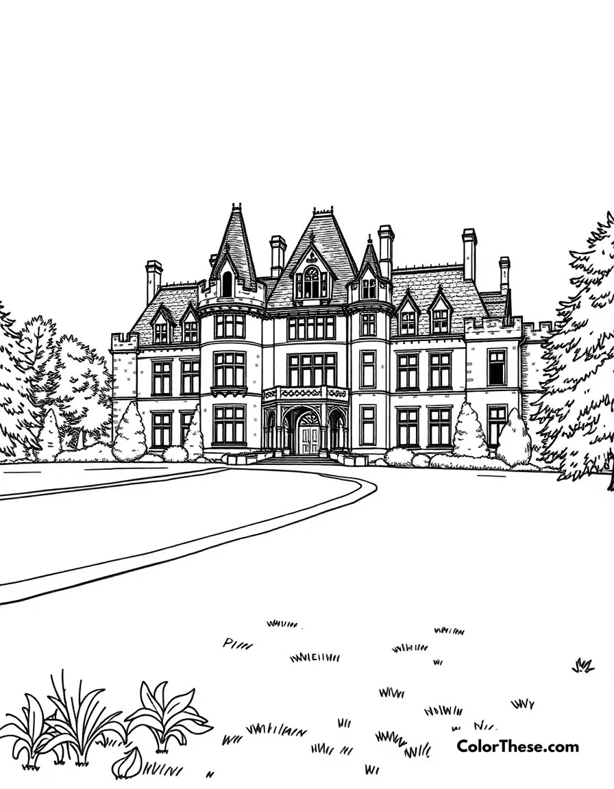 Free printable wayne manor coloring page for kids and adults. The impressive Wayne Manor standing majestically on its grounds.