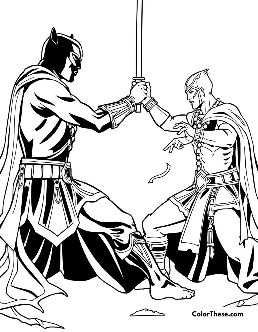 Free printable ritual combat coloring page. T'Challa in ritual combat for the throne, displaying his fighting skills.