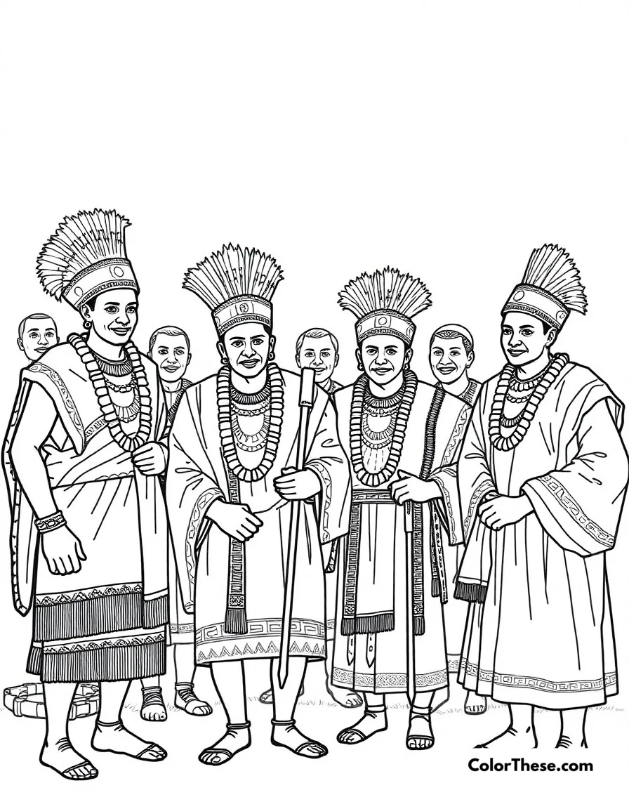 Free printable tribal council coloring page for kids and adults. The leaders of Wakanda's tribes gathered in traditional ceremonial attire.