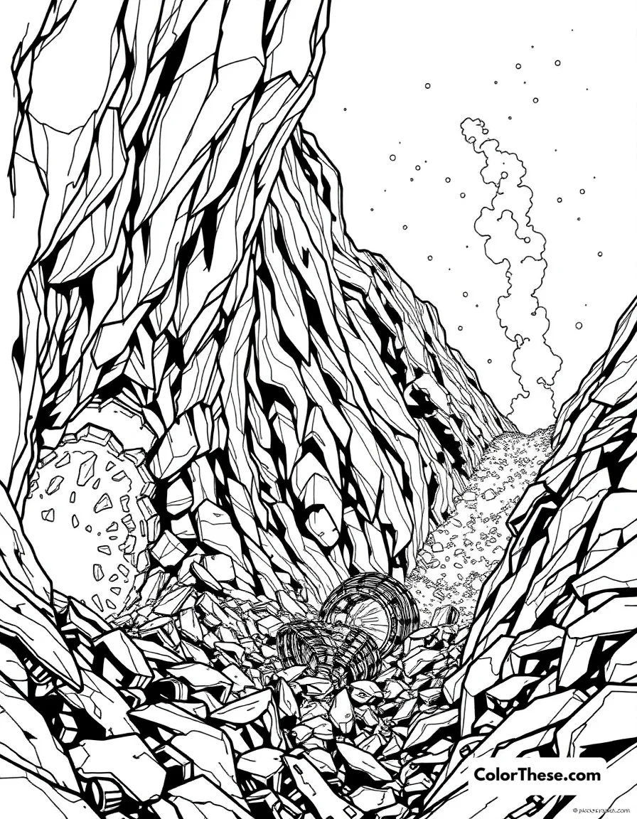 Free printable vibranium mine coloring page for kids and adults. The vast vibranium mines beneath Wakanda, glowing with energy.