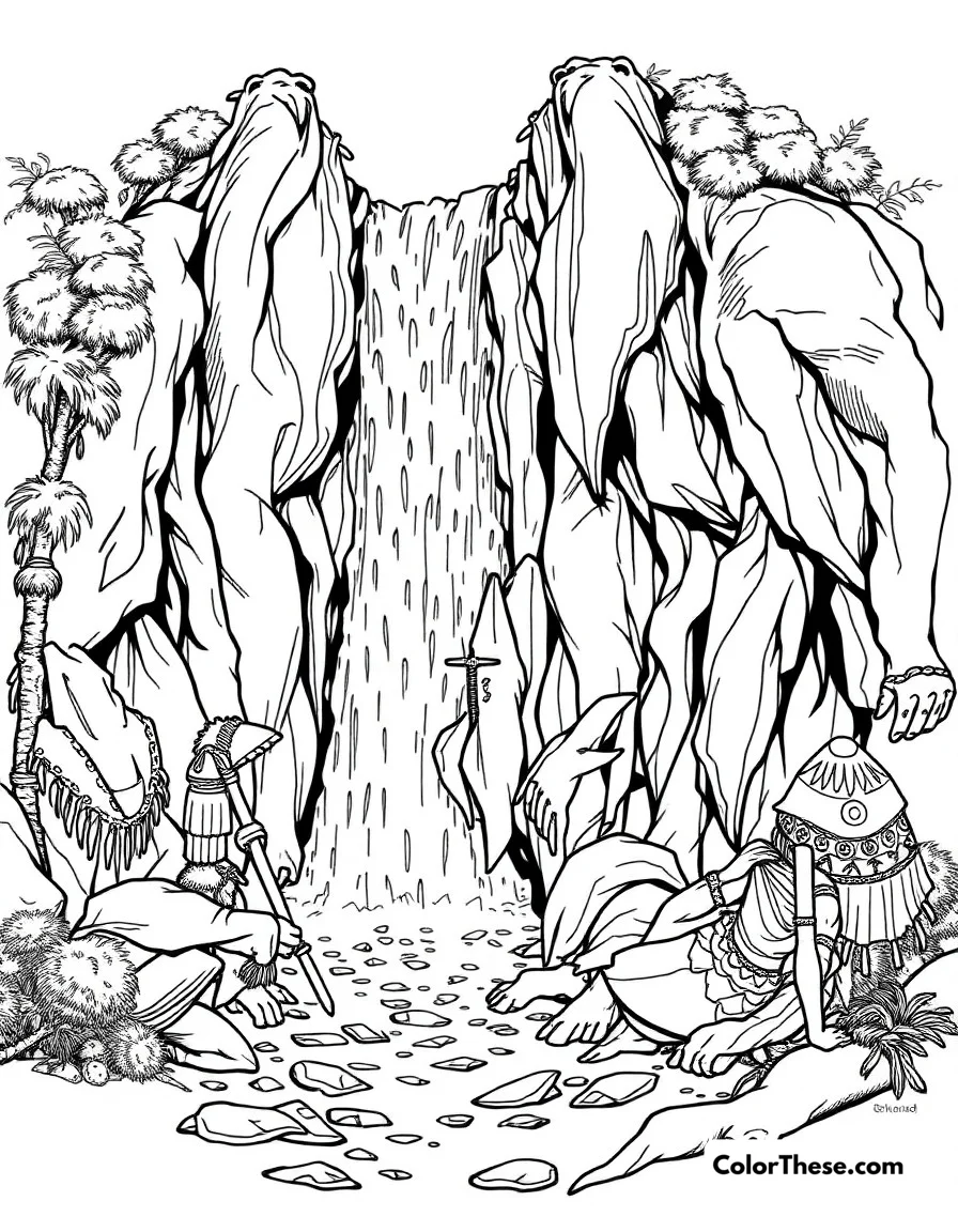 Free printable warrior falls coloring page for kids and adults. The sacred Warrior Falls where ritual combat takes place, surrounded by the tribes of Wakanda.