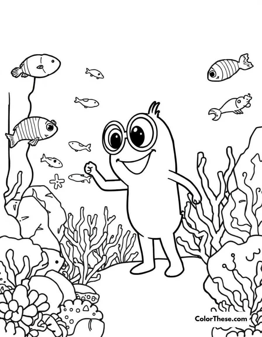Free printable aquarium adventure coloring page. Blippi discovering sea creatures at the aquarium.