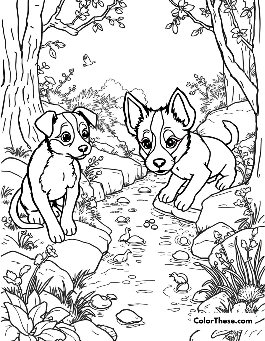 Free printable creek adventure coloring page. Bluey (Blue Heeler puppy) and friends exploring the creek, discovering nature and little creatures.