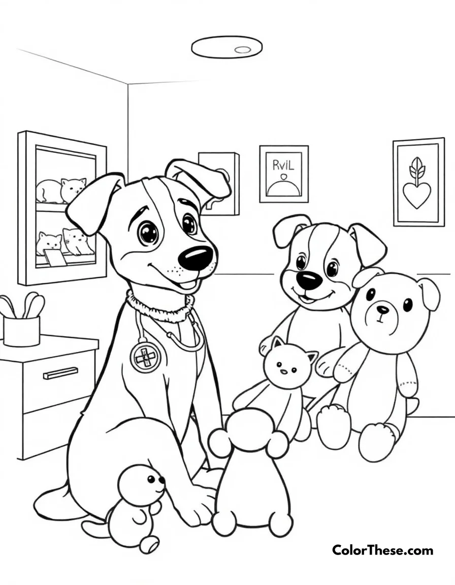 Free printable hospital game coloring page. Bluey (Blue Heeler puppy) playing doctor with her family, treating stuffed animals in their pretend hospital.