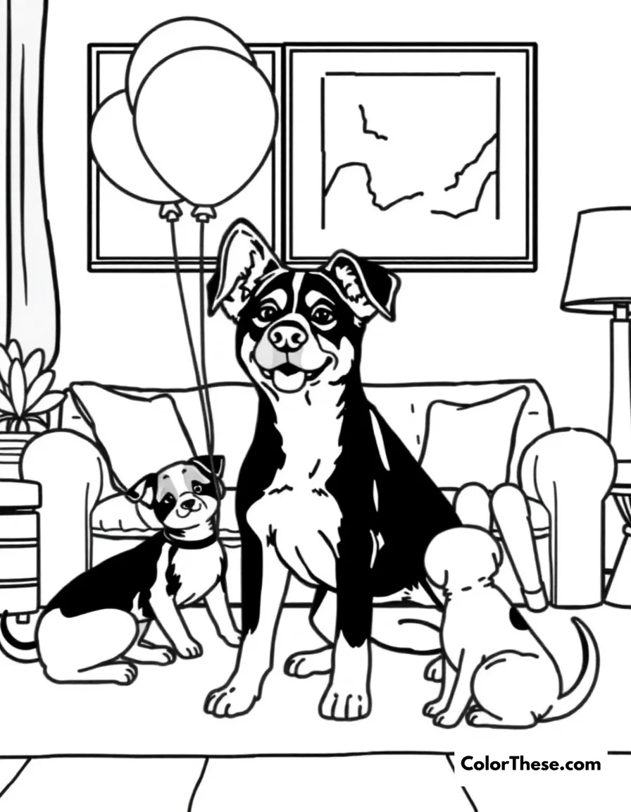 Free printable keepy uppy game coloring page for kids and adults. Bluey (Blue Heeler puppy), and her family playing their favorite balloon game 'Keepy Uppy' in the living room.
