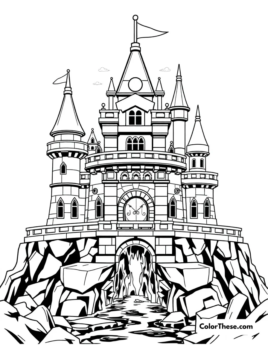 Free printable bowser's castle exterior coloring page for kids and adults. The impressive exterior of Bowser's Castle with its intimidating architecture and lava moat.