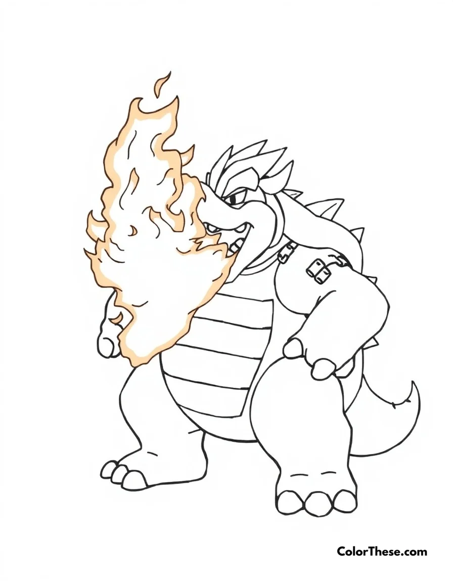 Free printable bowser's fire breath coloring page for kids and adults. Bowser unleashing his powerful fire breath, creating an impressive display of flames.