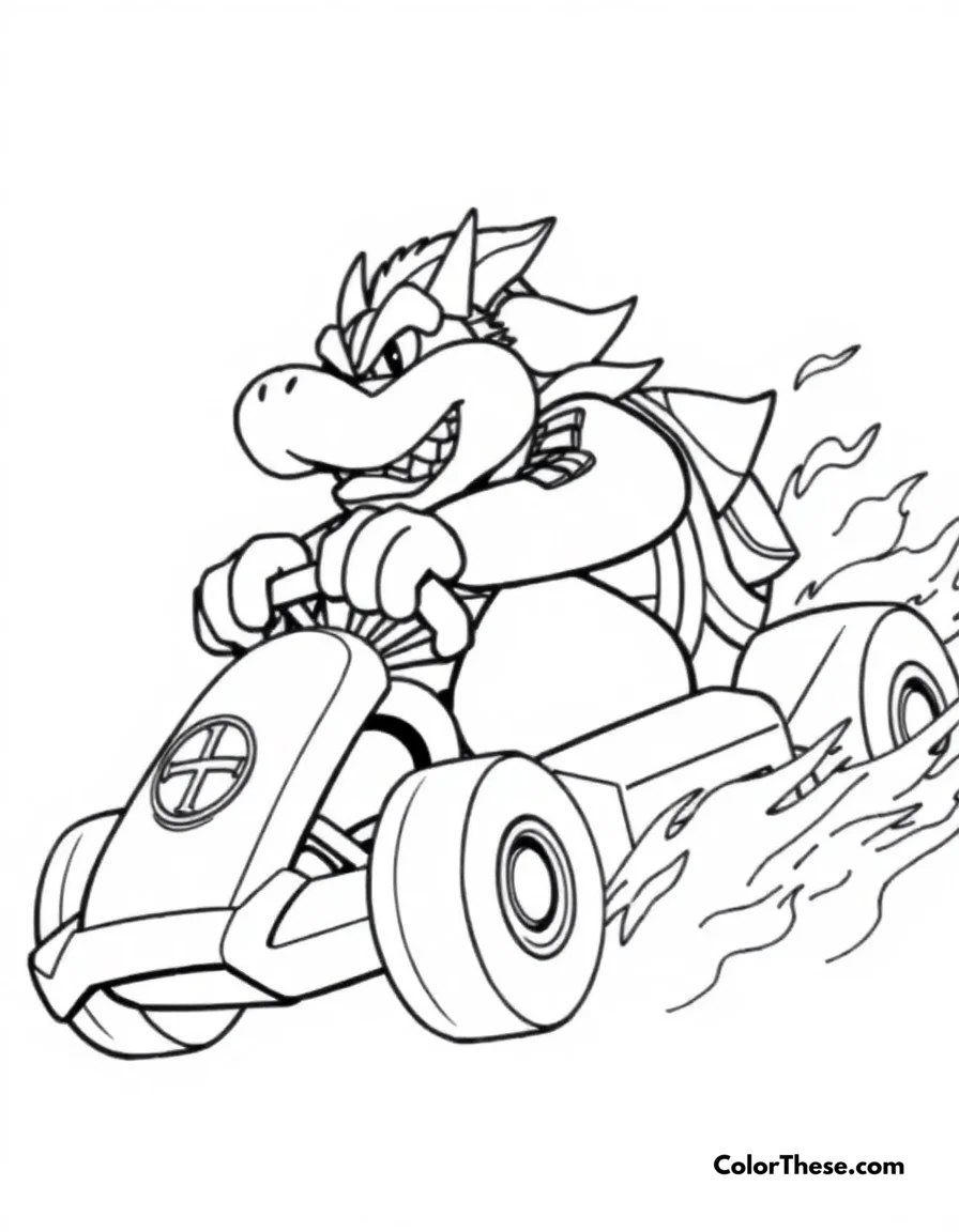 Free printable bowser's kart race coloring page. Bowser racing in his intimidating kart, leaving flames in his wake.