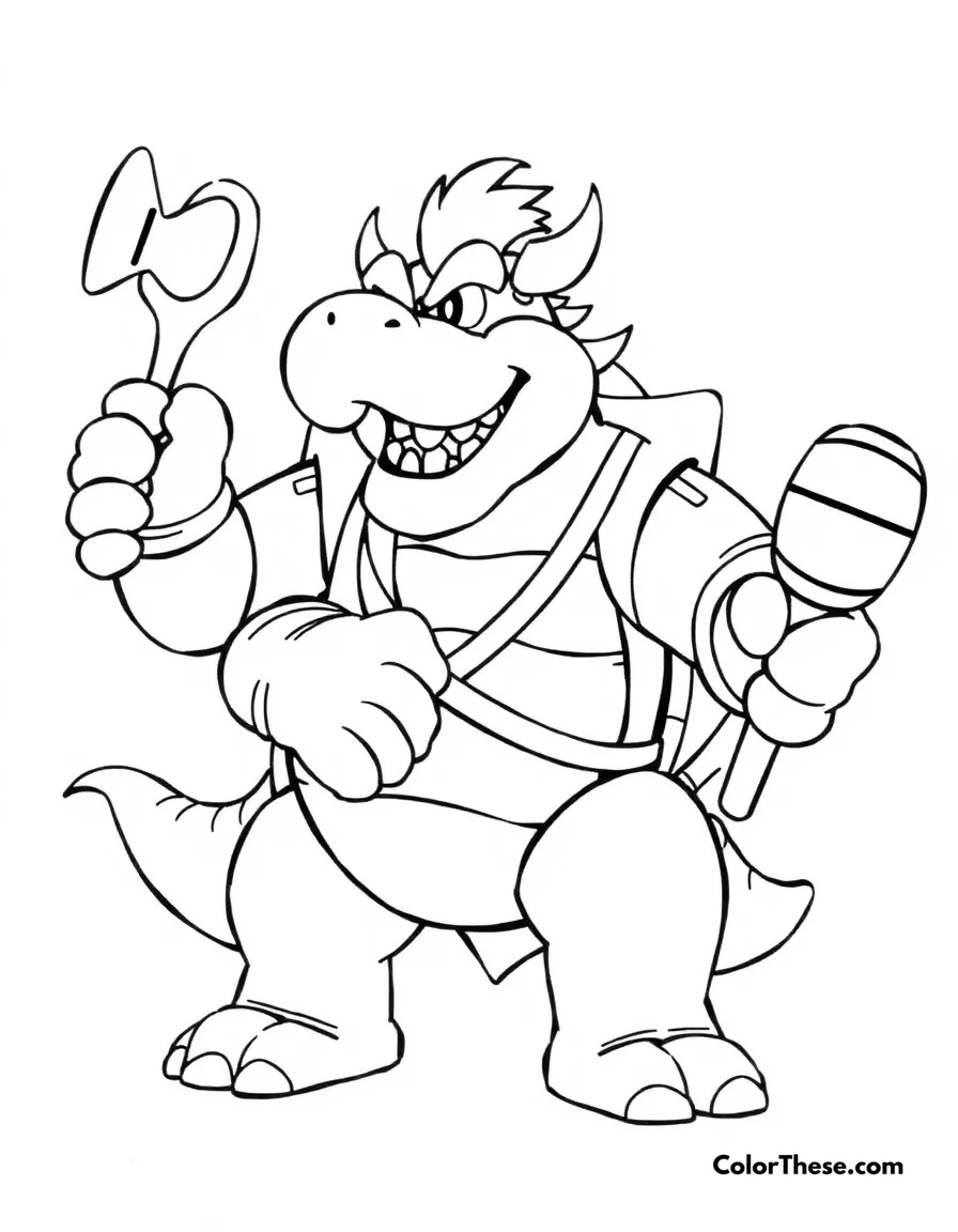 Free printable bowser's sports day coloring page. Bowser participating in various Mario sports activities, showing his competitive spirit.
