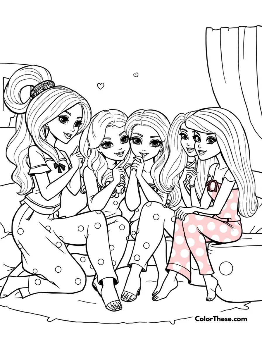 Free printable bratz sleepover party coloring page. A fun pajama party scene with the Bratz girls sharing secrets and style tips.