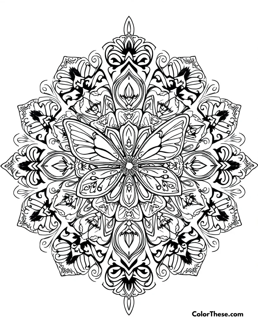 Free printable butterfly mandala design coloring page for kids and adults. An intricate mandala pattern featuring butterfly motifs and detailed designs.