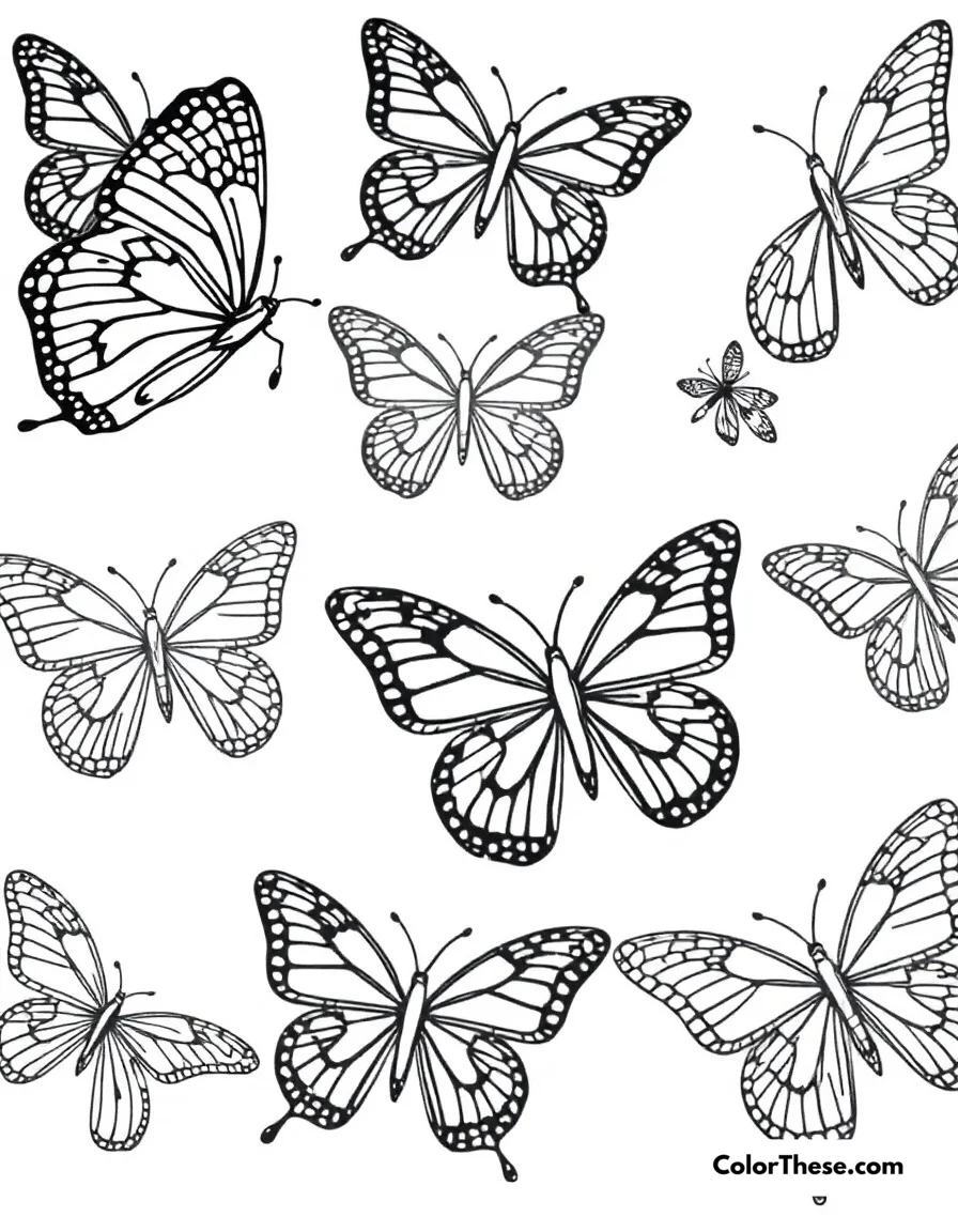 Free printable butterfly pattern play coloring page for kids and adults. Various butterflies showcasing different wing patterns and designs.