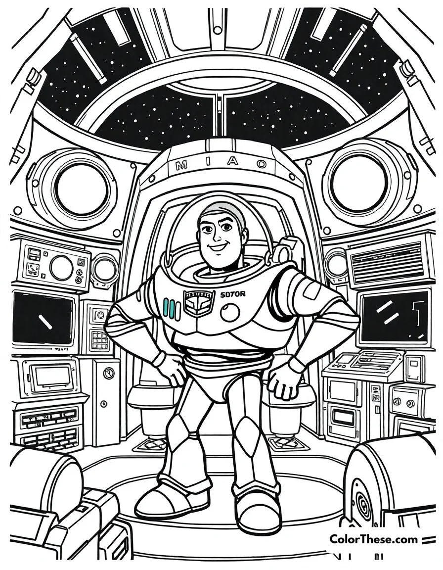 Free printable buzz lightyear command center coloring page for kids and adults. Buzz at Star Command headquarters, surrounded by futuristic technology.