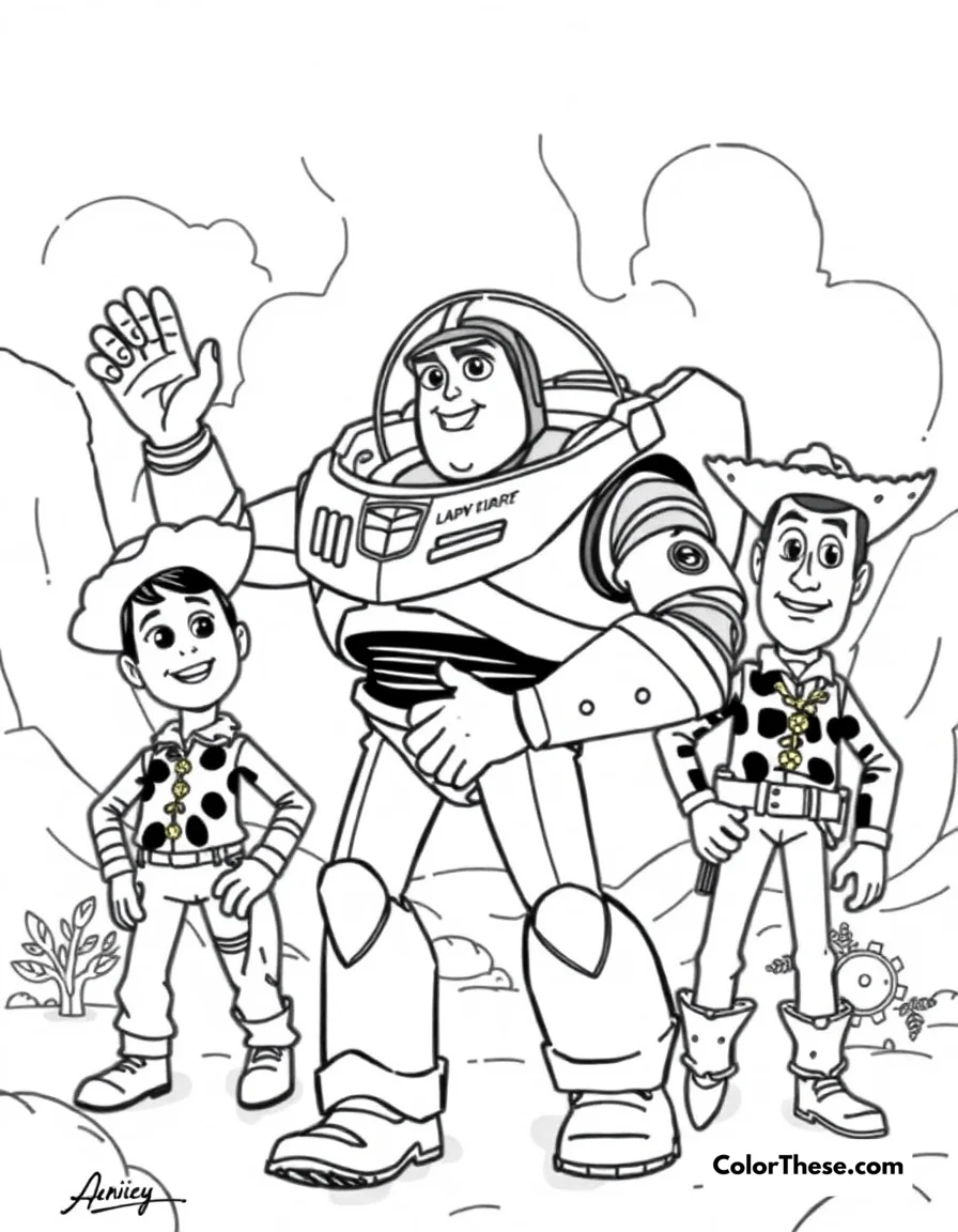 Free printable buzz lightyear team up coloring page for kids and adults. Buzz working together with Woody and other toys on an adventure.
