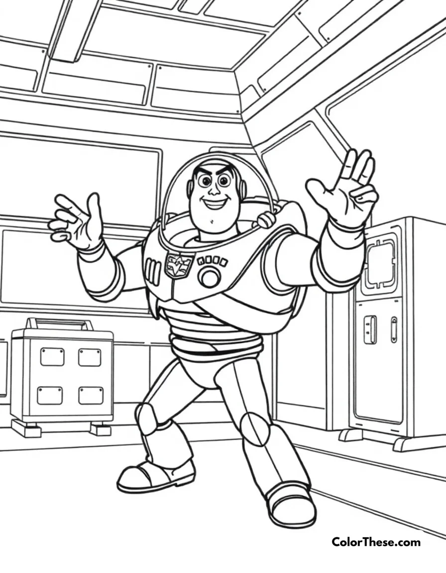 Free printable buzz lightyear training coloring page for kids and adults. Buzz demonstrating Space Ranger moves in the training facility.