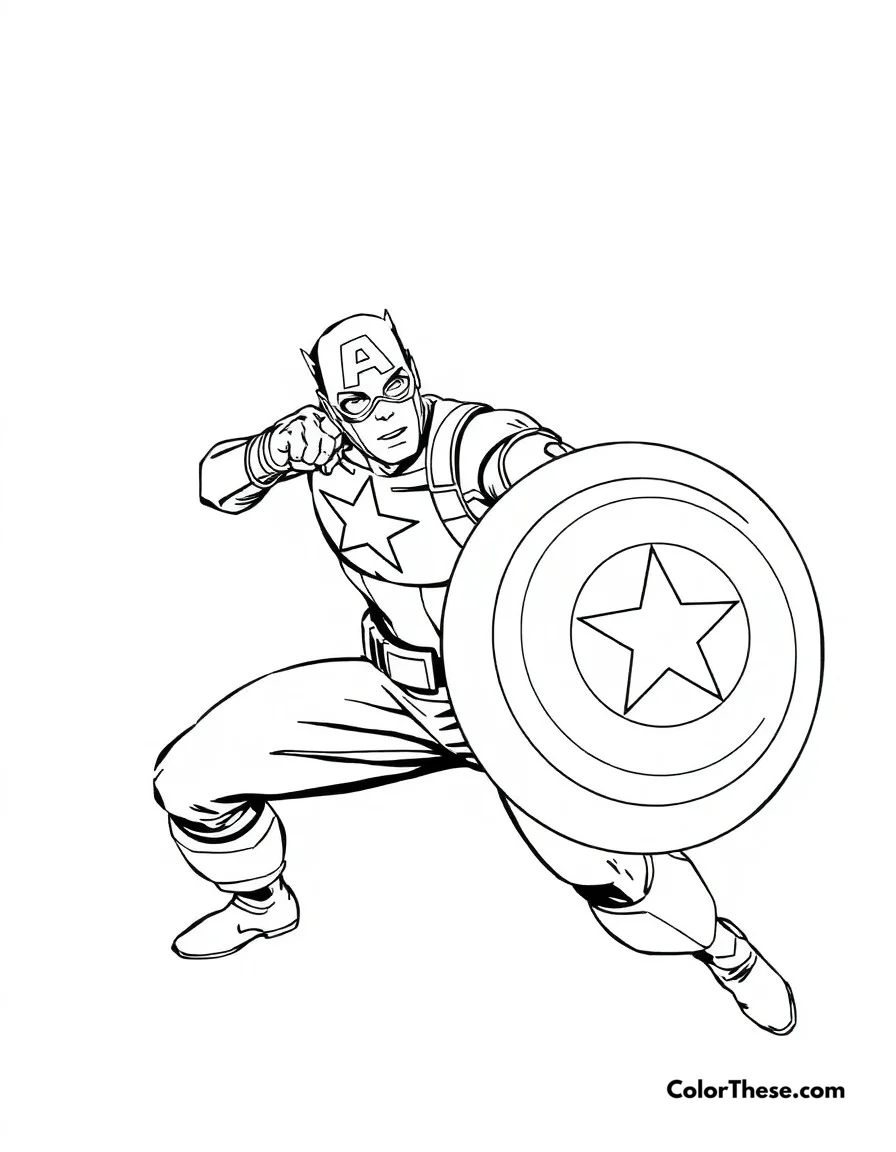 Free printable captain america shield throw coloring page. Captain America in his signature shield-throwing pose, demonstrating perfect aim.