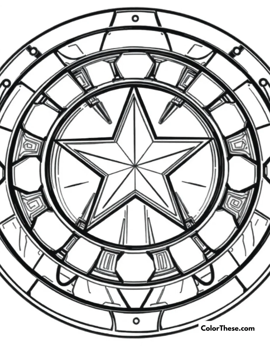 Free printable captain america shield design coloring page. A detailed close-up of Captain America's iconic vibranium shield with all its patterns.