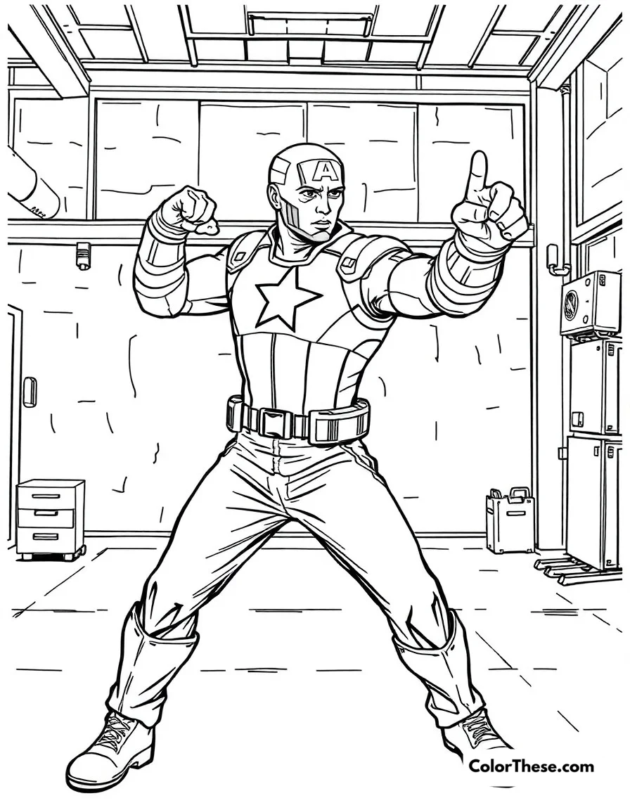 Free printable captain america training coloring page for kids and adults. Steve Rogers demonstrating combat moves in the training facility.