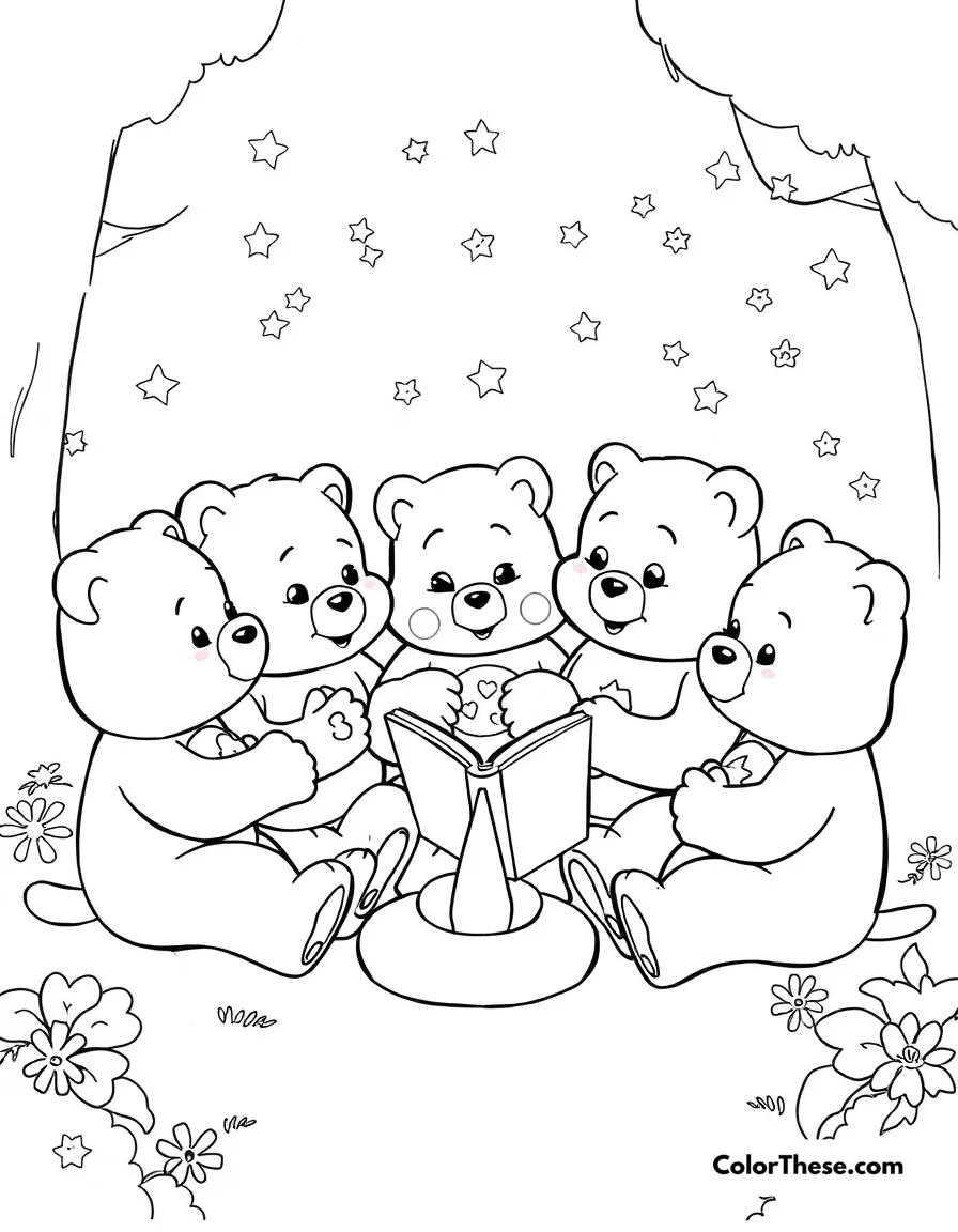 Free printable care bears story time coloring page. Care Bears gathered around for story time, sharing tales of caring adventures.