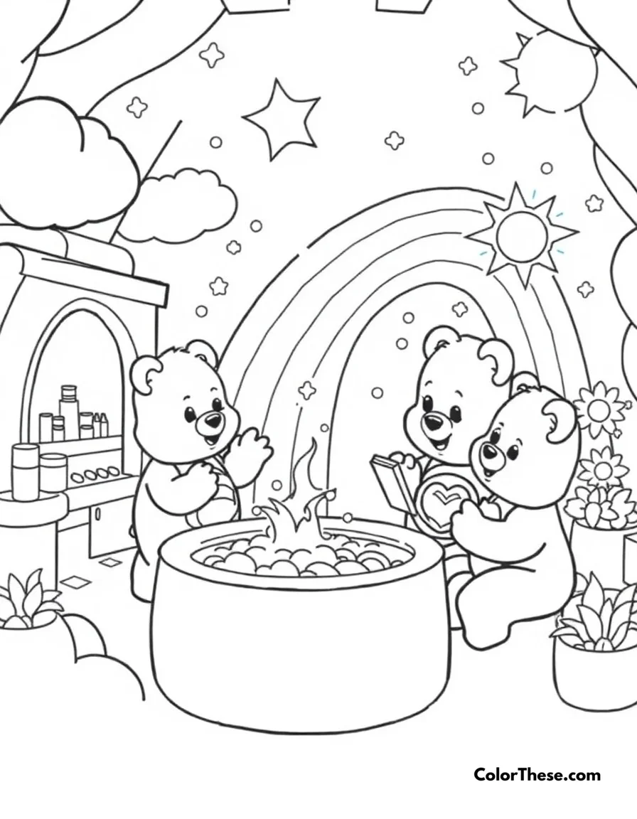Free printable care bears weather factory coloring page. The Care Bears working in the magical weather factory creating rainbows and sunshine.