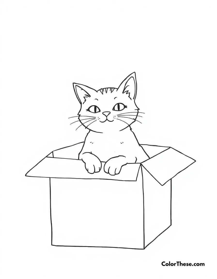 Free printable cat box sitting coloring page. A cat making itself comfortable in a cardboard box, as cats love to do.