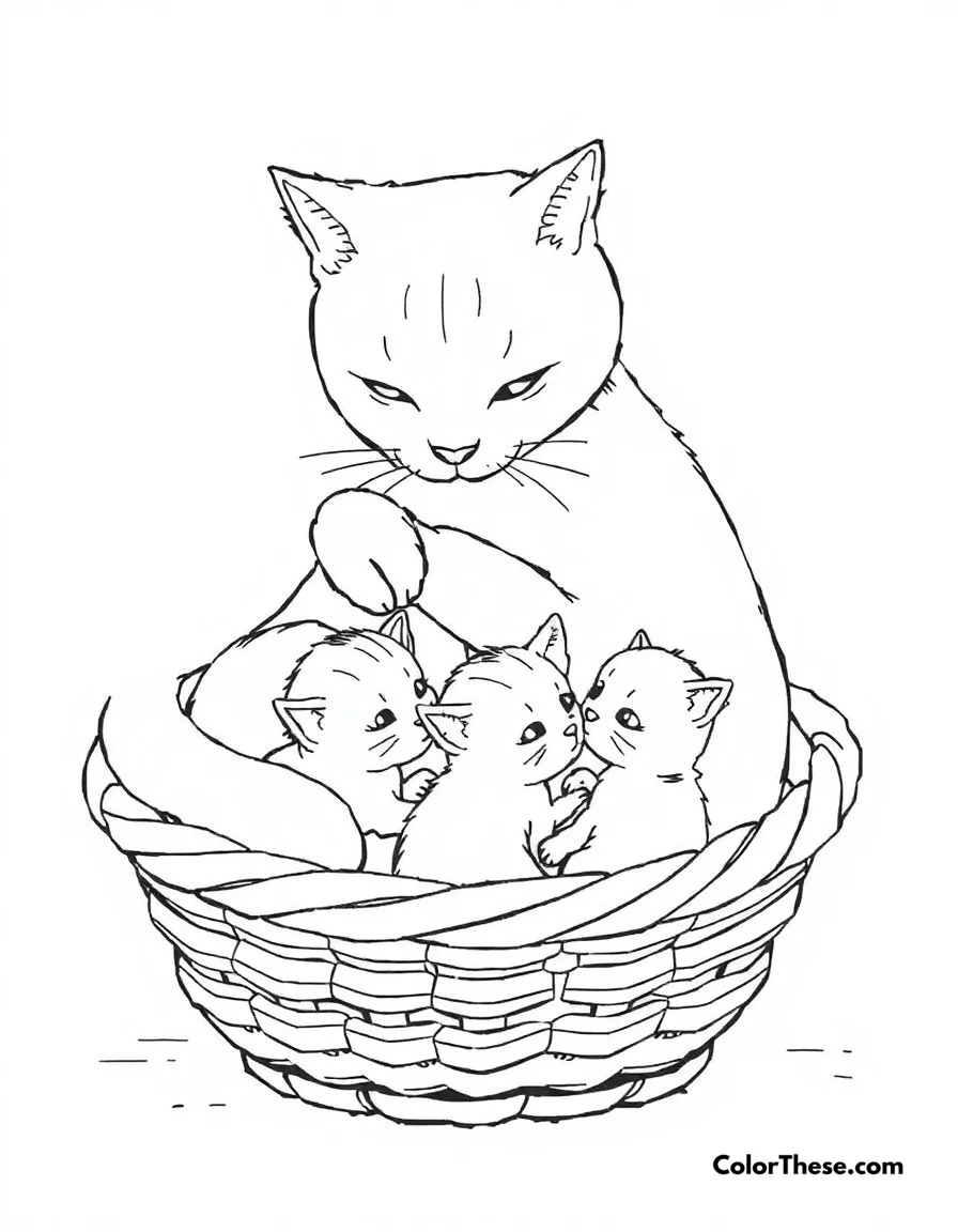 Free printable cat family time coloring page for kids and adults. A mother cat grooming her adorable kittens in a cozy basket.