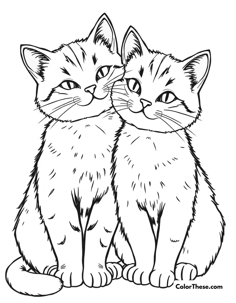 Free printable cat best friends coloring page. Two cats cuddling together, showing their special friendship bond.
