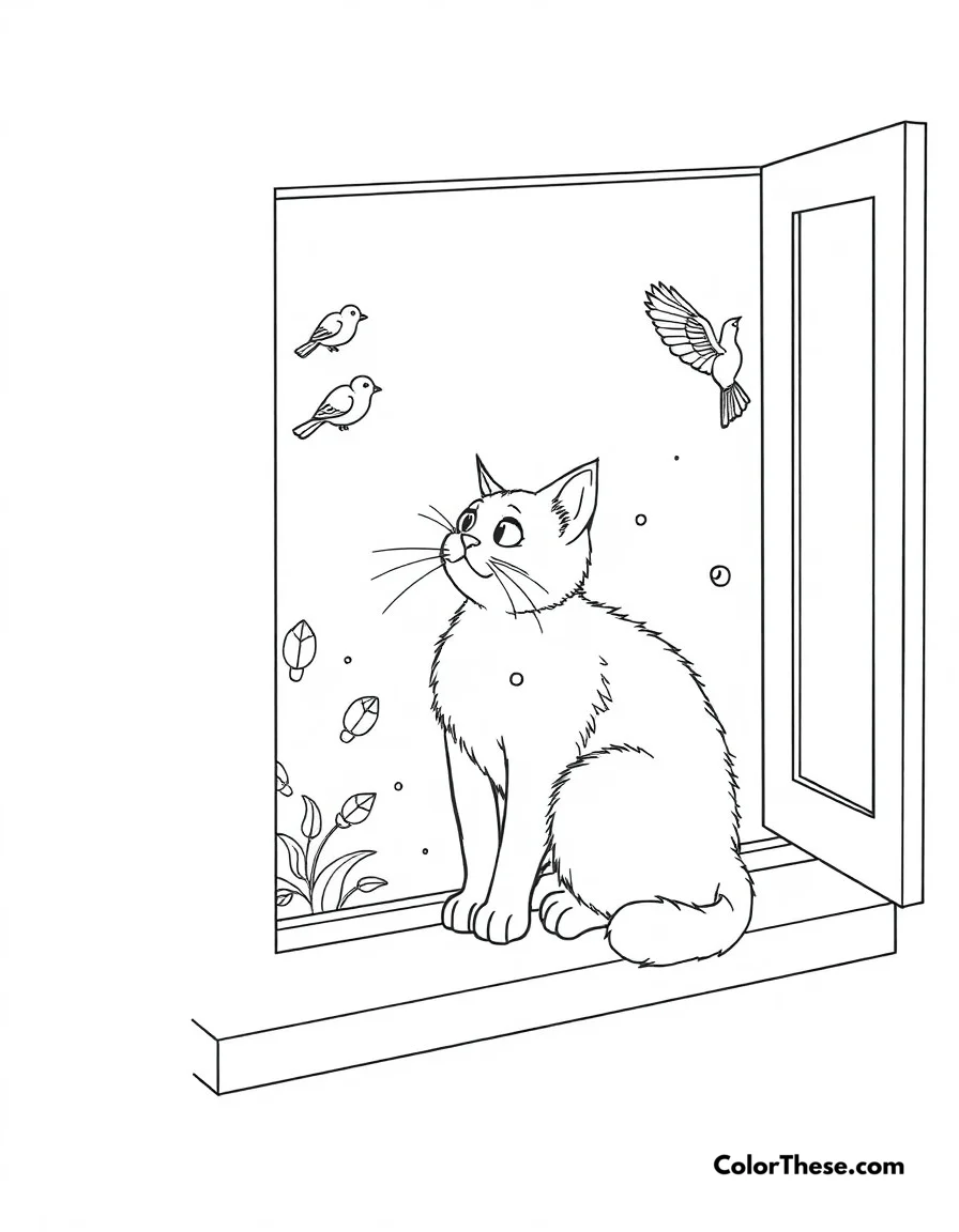 Free printable cat window watch coloring page for kids and adults. A curious cat perched on a windowsill, watching birds outside.