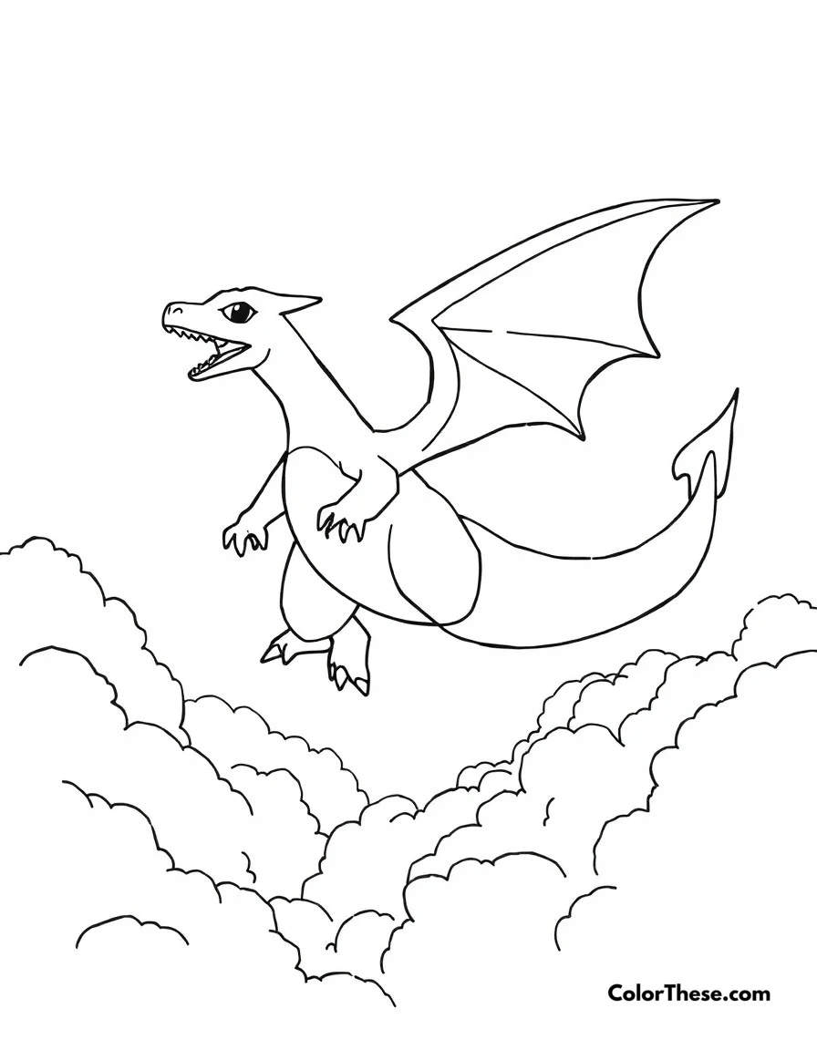 Free printable charizard flying high coloring page. Charizard soaring through the clouds, wings spread majestically.