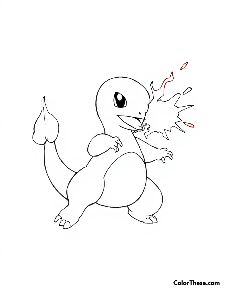 Free printable charmander's first ember coloring page. Charmander mastering its first Ember attack with excitement.