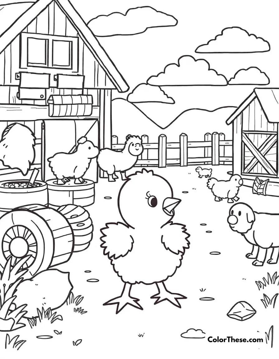 Free printable chick barnyard fun coloring page for kids and adults. Baby chick exploring the barnyard with various farm equipment and animals.