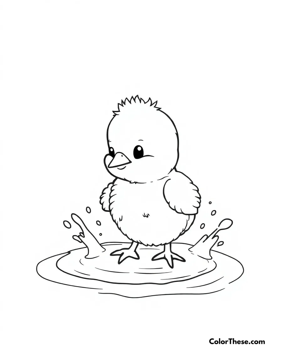 Free printable chick bath time coloring page. Cute chick splashing in a small water puddle, having fun getting clean.
