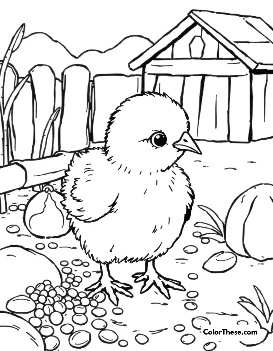 Free printable chick feeding time coloring page. Little chick pecking at seeds and grains in the farmyard.