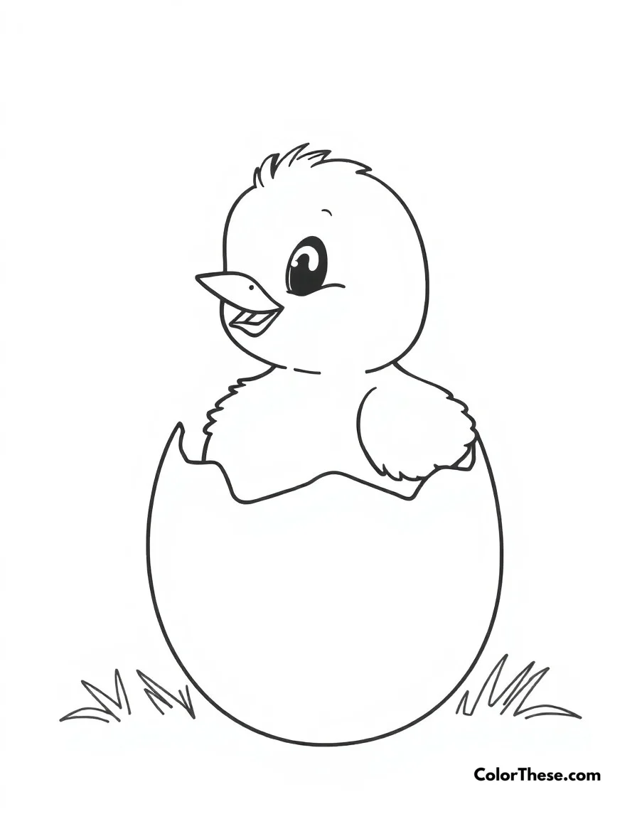 Free printable chick hatching coloring page for kids and adults. A cute chick breaking out of its egg, ready to start its adventure.