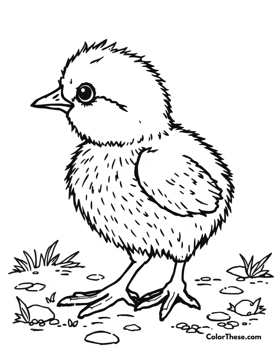 Free printable chick first steps coloring page. A newly hatched chick taking its first wobbly steps, exploring the world around it.