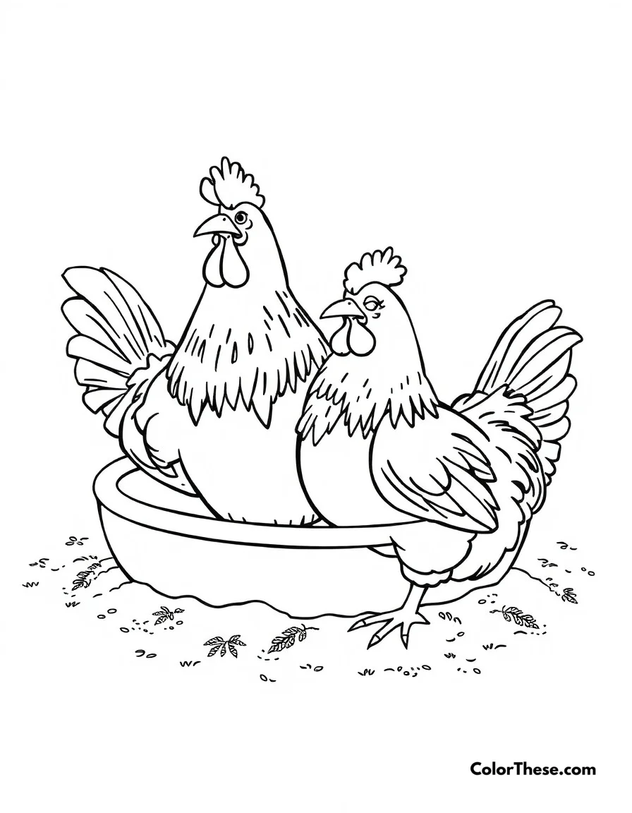 Free printable chicken dust bath coloring page. Chickens taking a relaxing dust bath to clean their feathers.