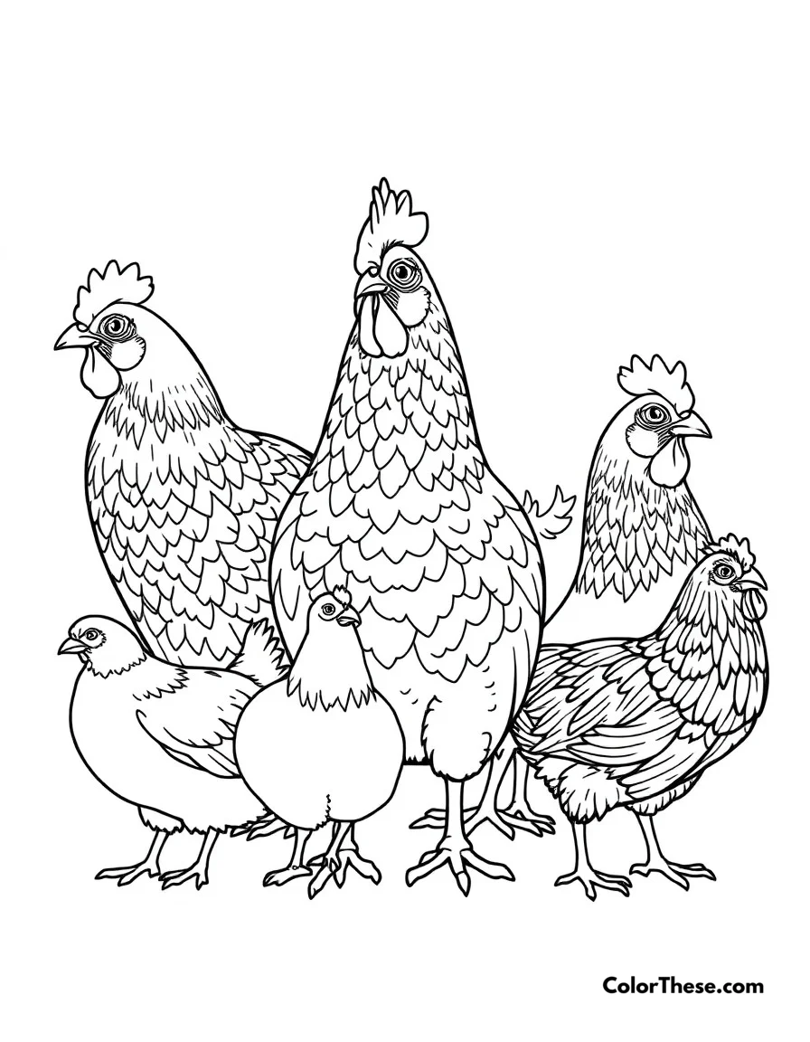 Free printable chicken breeds display coloring page. Different chicken breeds showing their unique characteristics and patterns.