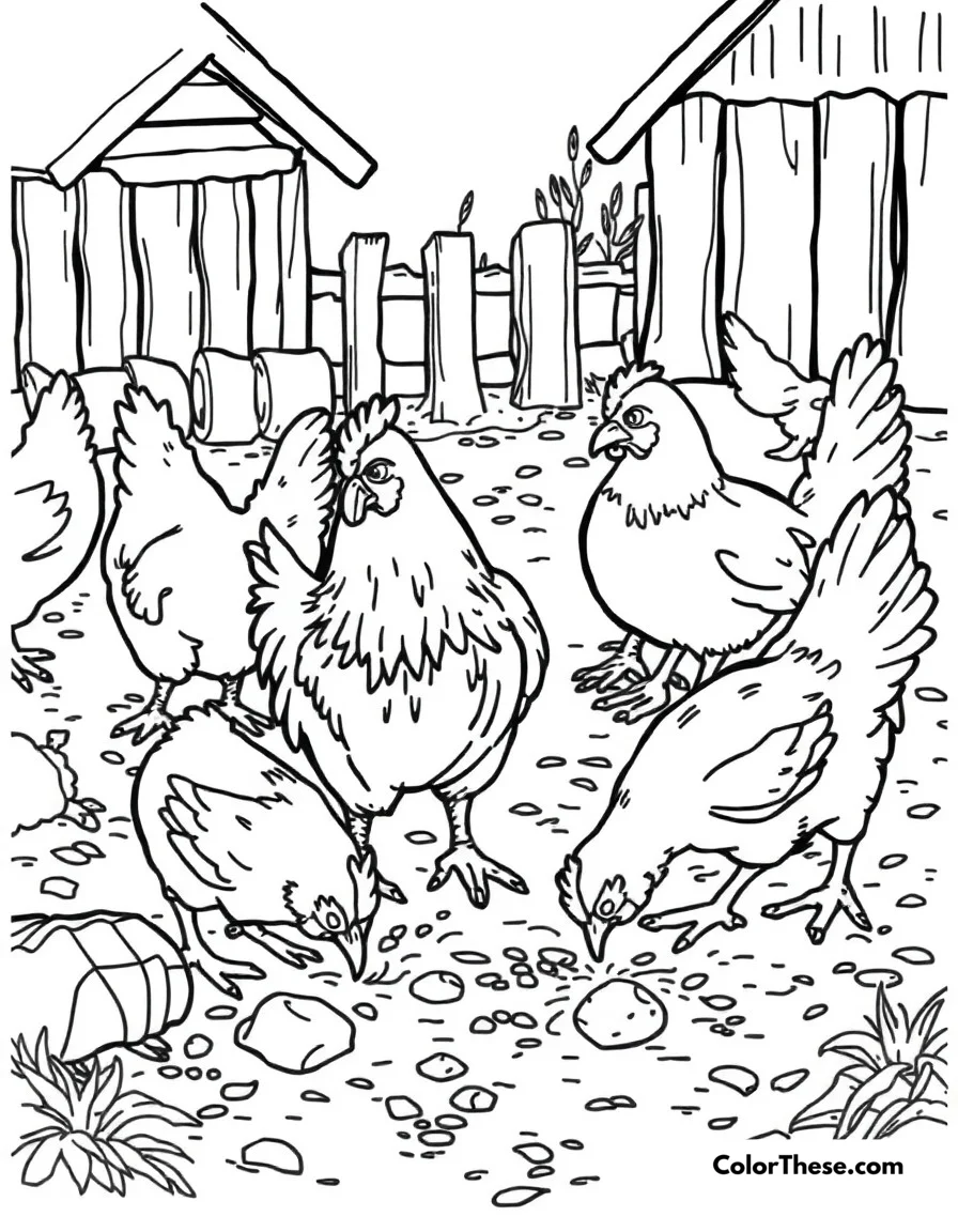 Free printable chicken farm scene coloring page. A busy farmyard scene with chickens pecking and scratching in the dirt.