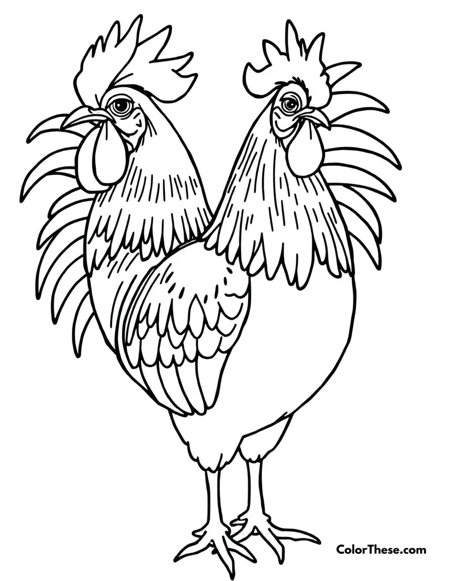 Free printable chicken rooster pride coloring page. A proud rooster showing off his colorful feathers and impressive comb.