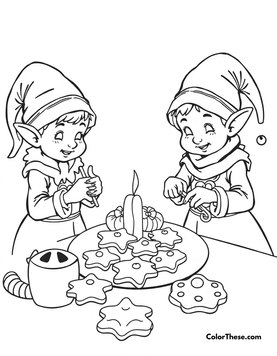 Free printable christmas cookie baking coloring page for kids and adults. Elves baking and decorating delicious Christmas cookies.