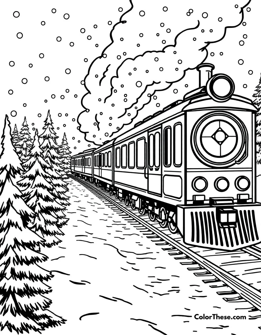 Free printable christmas polar express coloring page. The magical Polar Express train traveling through a snowy Christmas night.